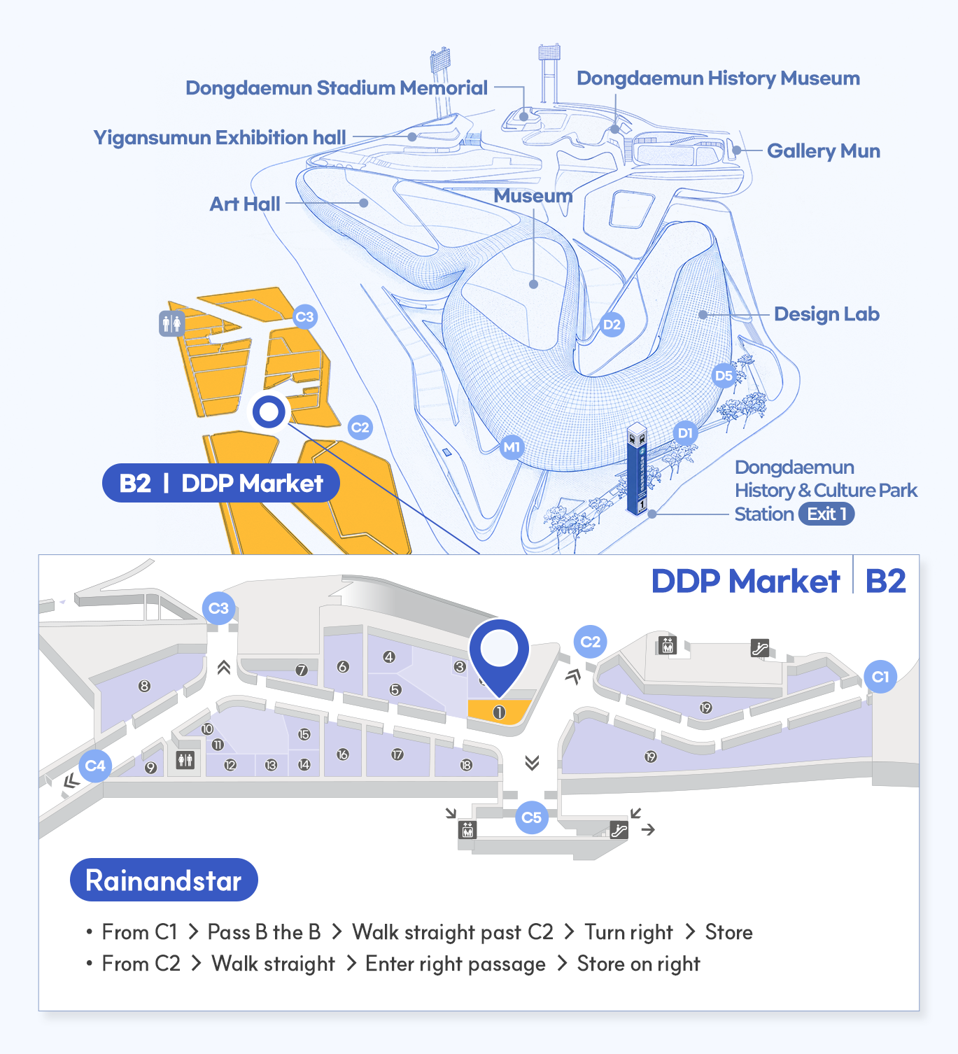 매장 상세위치 Rainandstar
DDP Market D1
From C1 → Pass B the B → Walk straight past C2 → Turn right → Store
From C2 → Walk straight → Enter right passage → Store on right