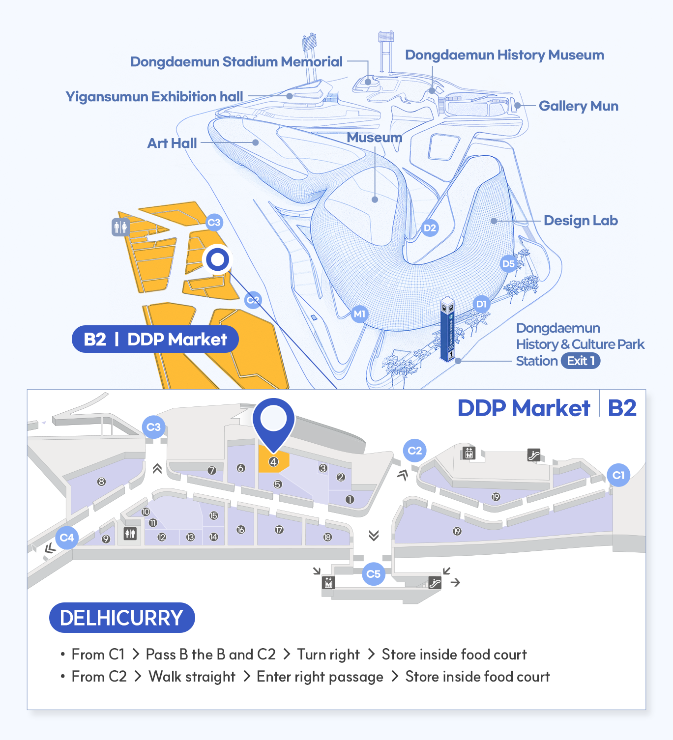 매장 상세위치 DELHICURRY
DDP Market D4
From C1 → Pass B the B and C2 → Turn right → Store inside food court
From C2 → Walk straight → Enter right passage → Store inside food court