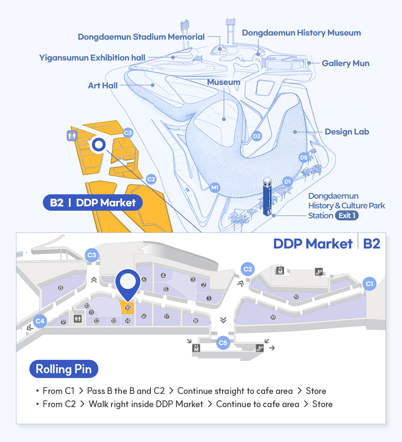 매장 상세위치 Rolling Pin
DDP Market
From C1 → Pass B the B and C2 → Continue straight to café area → Store
From C2 → Walk right inside DDP Market → Continue to café area → Store