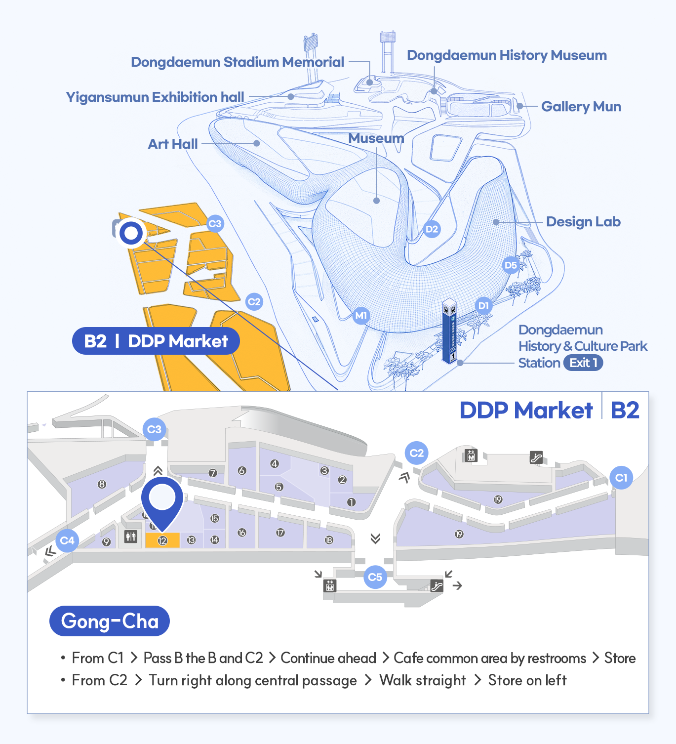매장 상세위치 Gong-Cha
DDP Market
From C1 → Pass B the B and C2 → Continue ahead → Café common area beside restroom → Store
From C2 → Turn right along central passage → Walk straight → Store on left