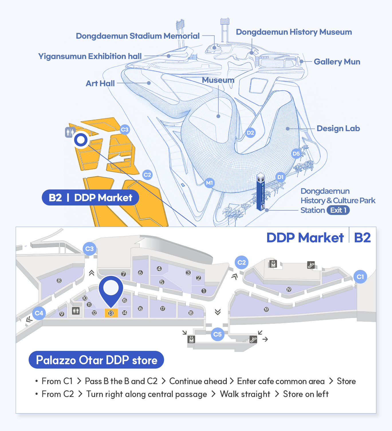 매장 상세위치 Palazzo Otar DDP store
DDP Market C6
From C1 → Pass B the B and C2 → Continue ahead → Enter café common area → Store
From C2 → Turn right along central passage → Walk straight → Store on left
