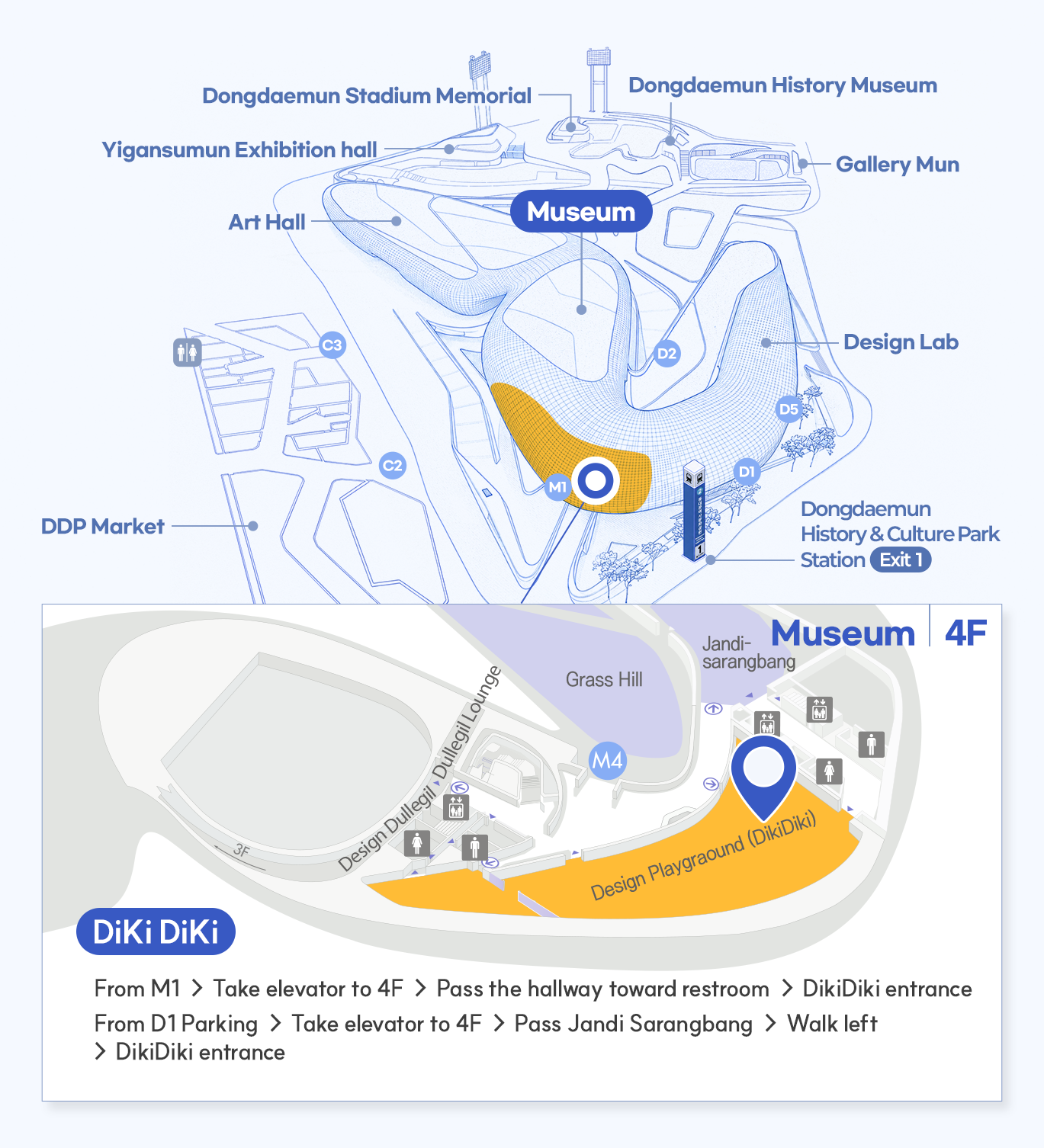 매장 상세위치 DiKi DiKi: Children’s sensory playground
Museum 4F, Design Playground
From M1 → Take elevator to 4F → Pass the hallway toward restroom → DikiDiki entranceFrom D1 Parking → Take elevator to 4F → Pass Jandi Sarangbang → Walk left → DikiDiki entrance
