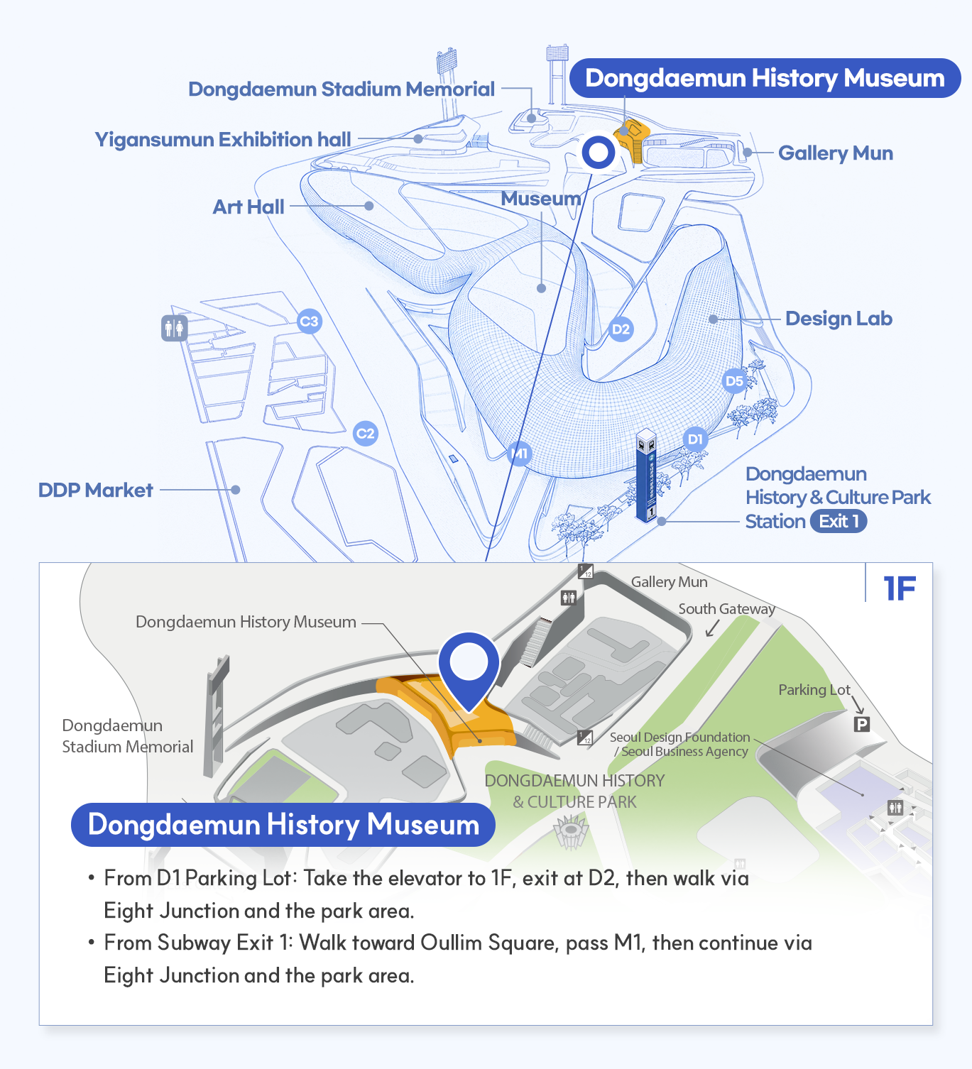 매장 상세위치 Dongdaemun History Museum
From D1 Parking Lot: Take the elevator to 1F, exit at D2, then walk via Eight Junction and the park area.
From Subway Exit 1: Walk toward Oullim Square, pass M1, then continue via Eight Junction and the park area.
