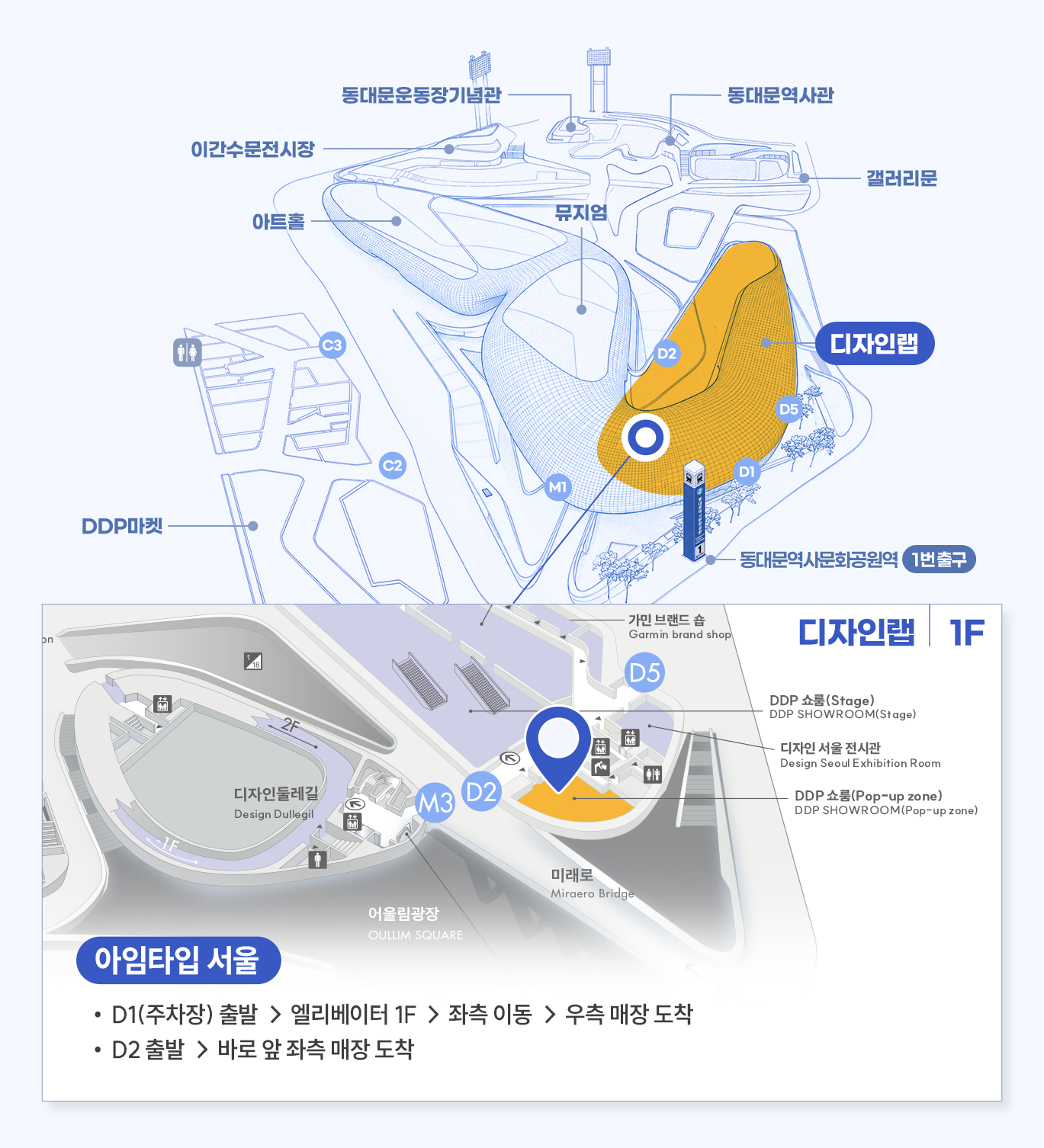 매장 상세위치 아임타입 서울
디자인랩 1층 D2 입구 인근
D1(주차장) 출발 → 엘리베이터 1F → 좌측 이동 → 우측 매장 도착
D2 출발 → 바로 앞 좌측 매장 도착
