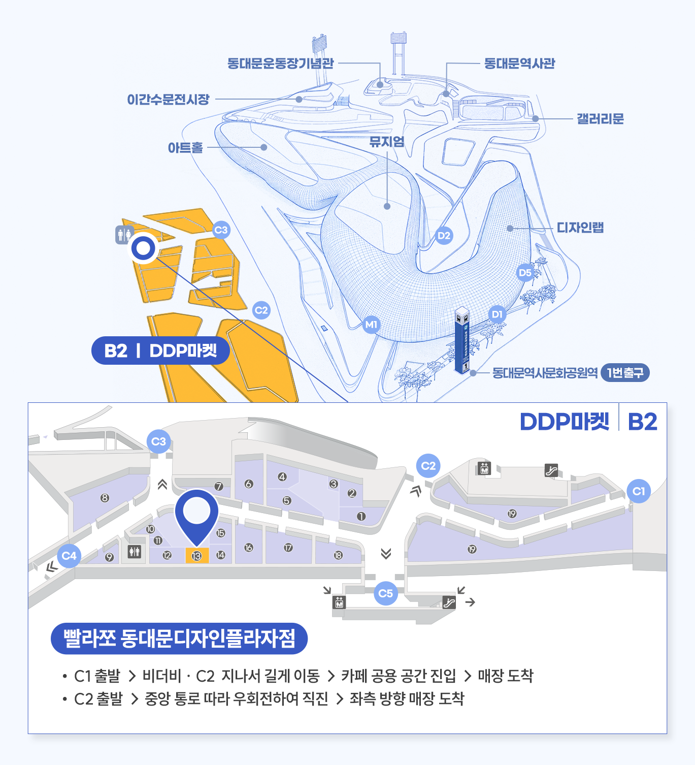 매장 상세위치 빨라쪼  동대문디자인플라자점
DDP마켓 C6호
C1 출발 → 비더비 · C2  지나서 길게 이동 → 카페 공용 공간 진입 → 매장 도착
C2 출발 → 중앙 통로 따라 우회전하여 직진 → 좌측 방향 매장 도착
