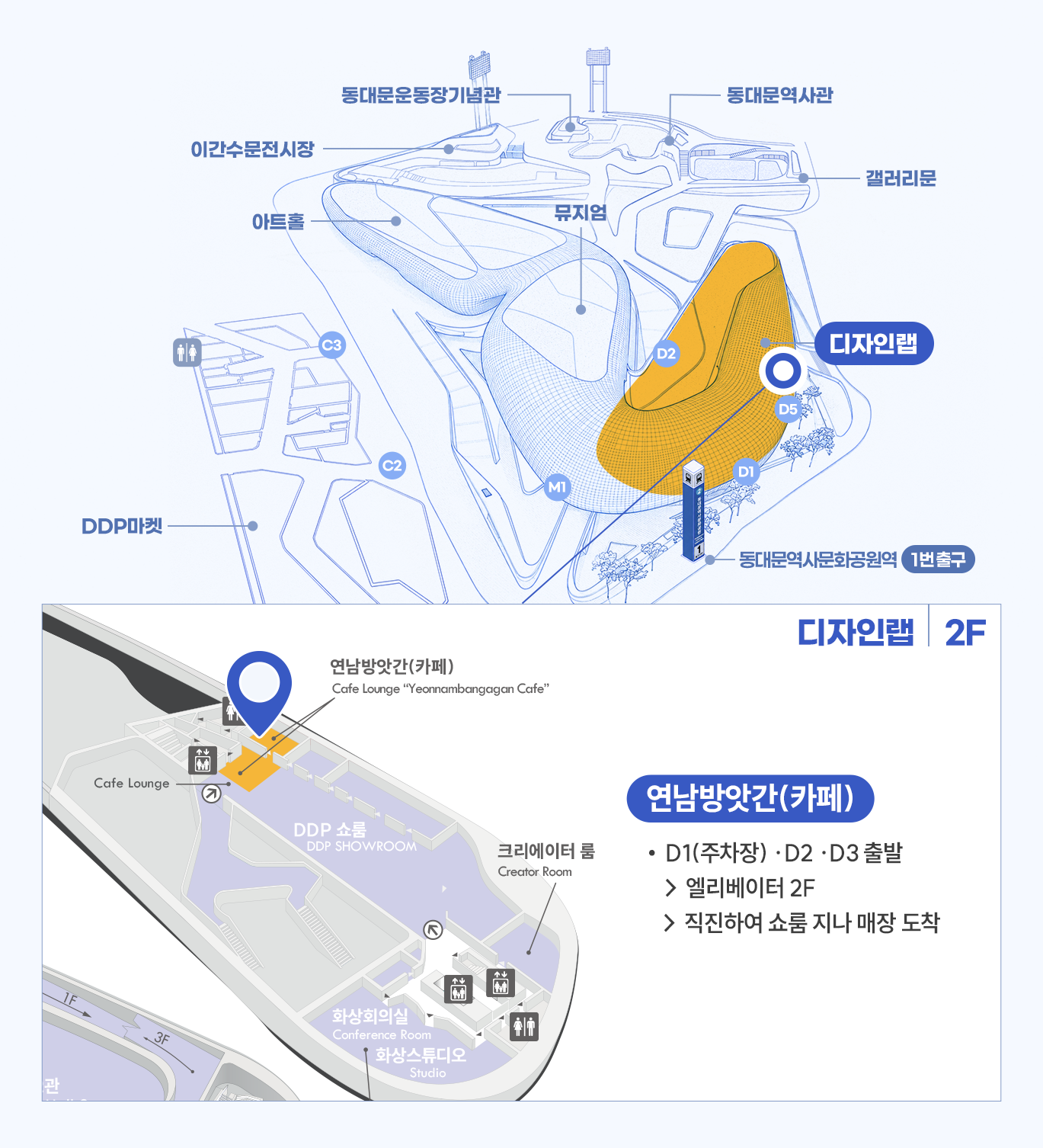 매장 상세위치 연남방앗간(카페)
디자인랩 2층
D1(주차장) ·D2 ·D3 출발 → 엘리베이터 2F → 직진하여 쇼룸 지나 매장 도착
