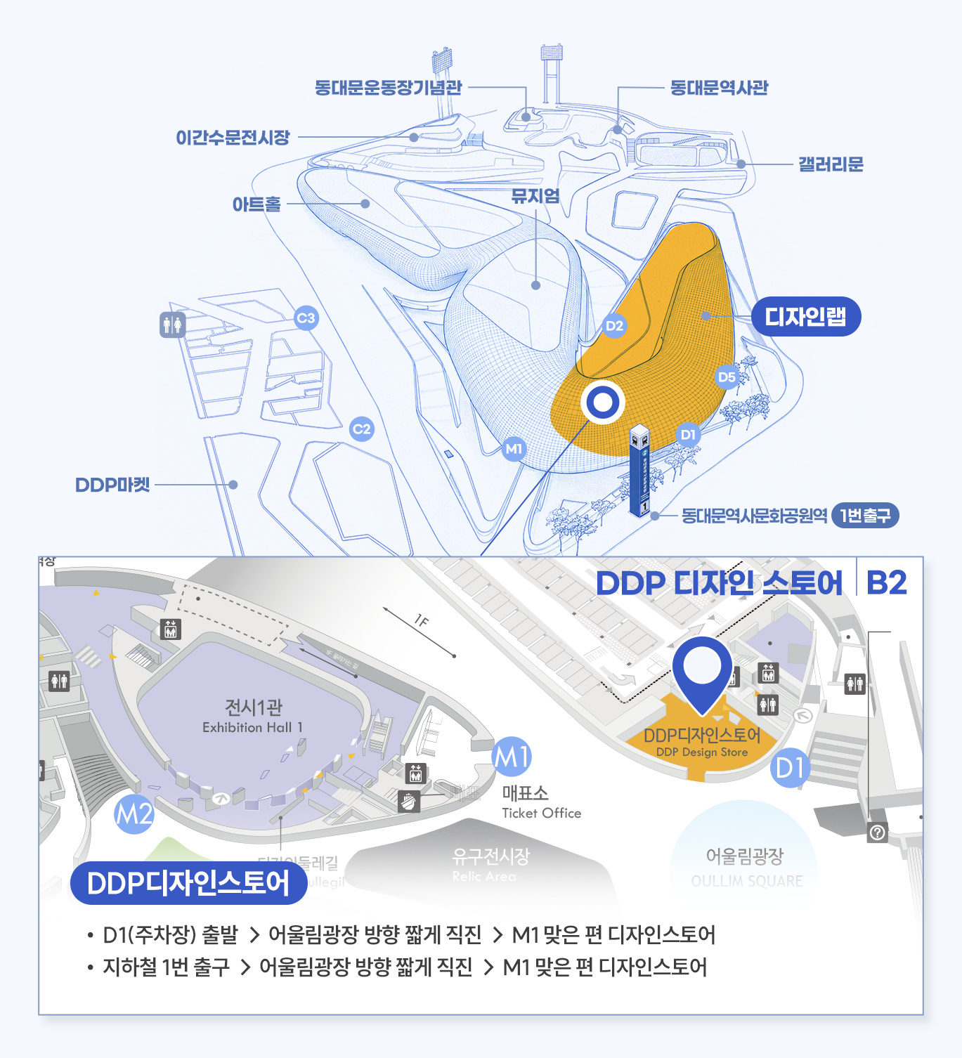 매장 상세위치 DDP디자인스토어
D1(주차장) 출발 → 어울림광장 방향 짧게 직진 → M1 맞은 편 디자인스토어
지하철 1번 출구 → 어울림광장 방향 짧게 직진 → M1 맞은 편 디자인스토어